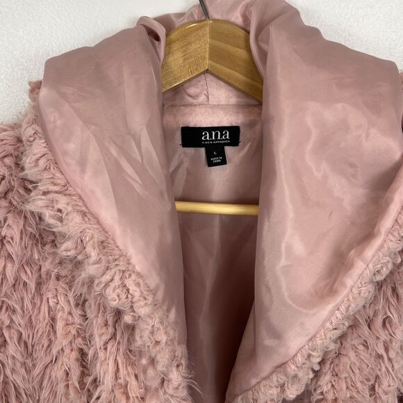 A.N.A. Womens Pink Faux Sheep Fur Hooded Jacket Vest Pockets Cozycore Large Coat - Picture 8 of 16